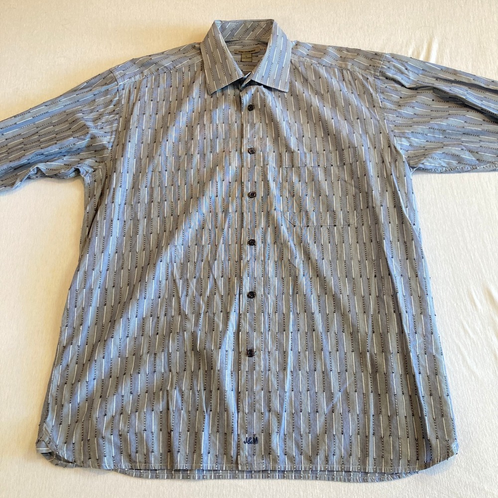 Johnston & Murphy‎ Shirt Mens Large Blue Gray Geometric Striped Dobby Cotton - Picture 9 of 13